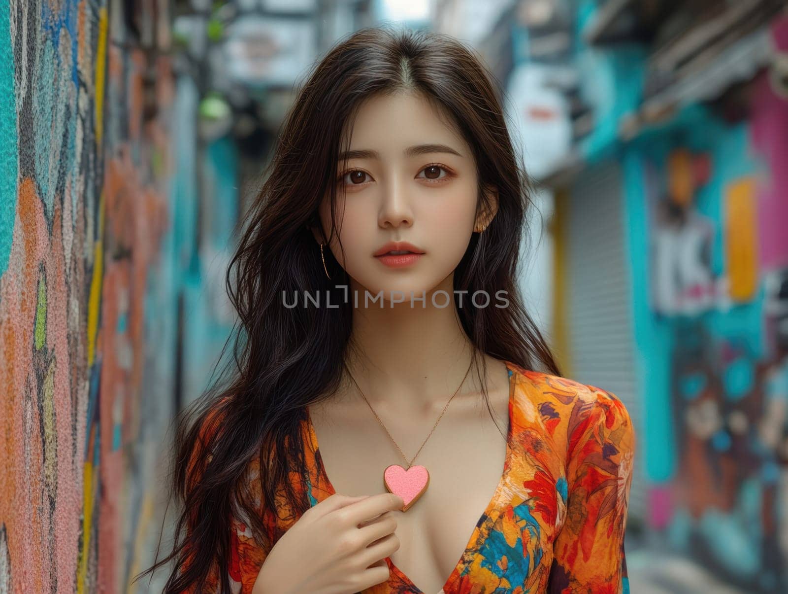 A young woman holding a large red heart in her hands. AI generative.