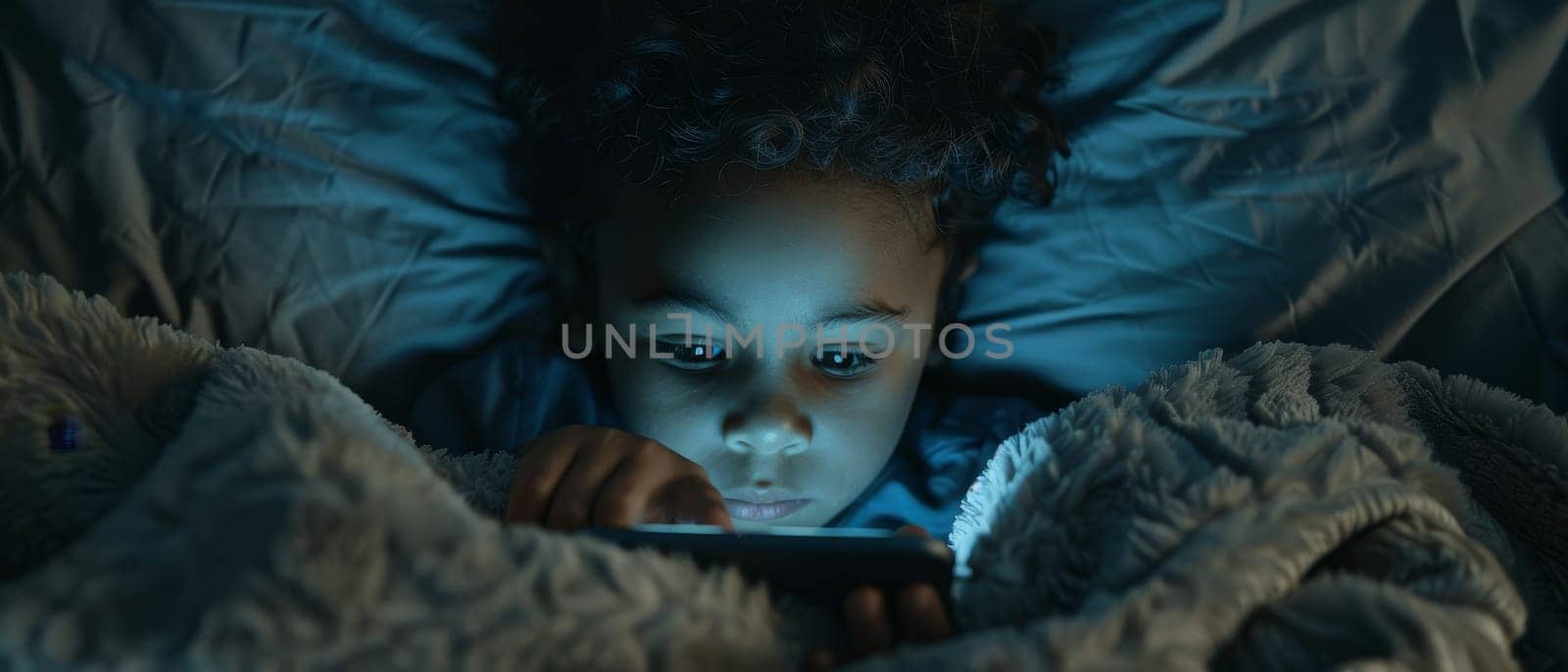 In the embrace of a dark room, a child's face is aglow with the blue light from a handheld device, their attention fully seized by the screen's contents