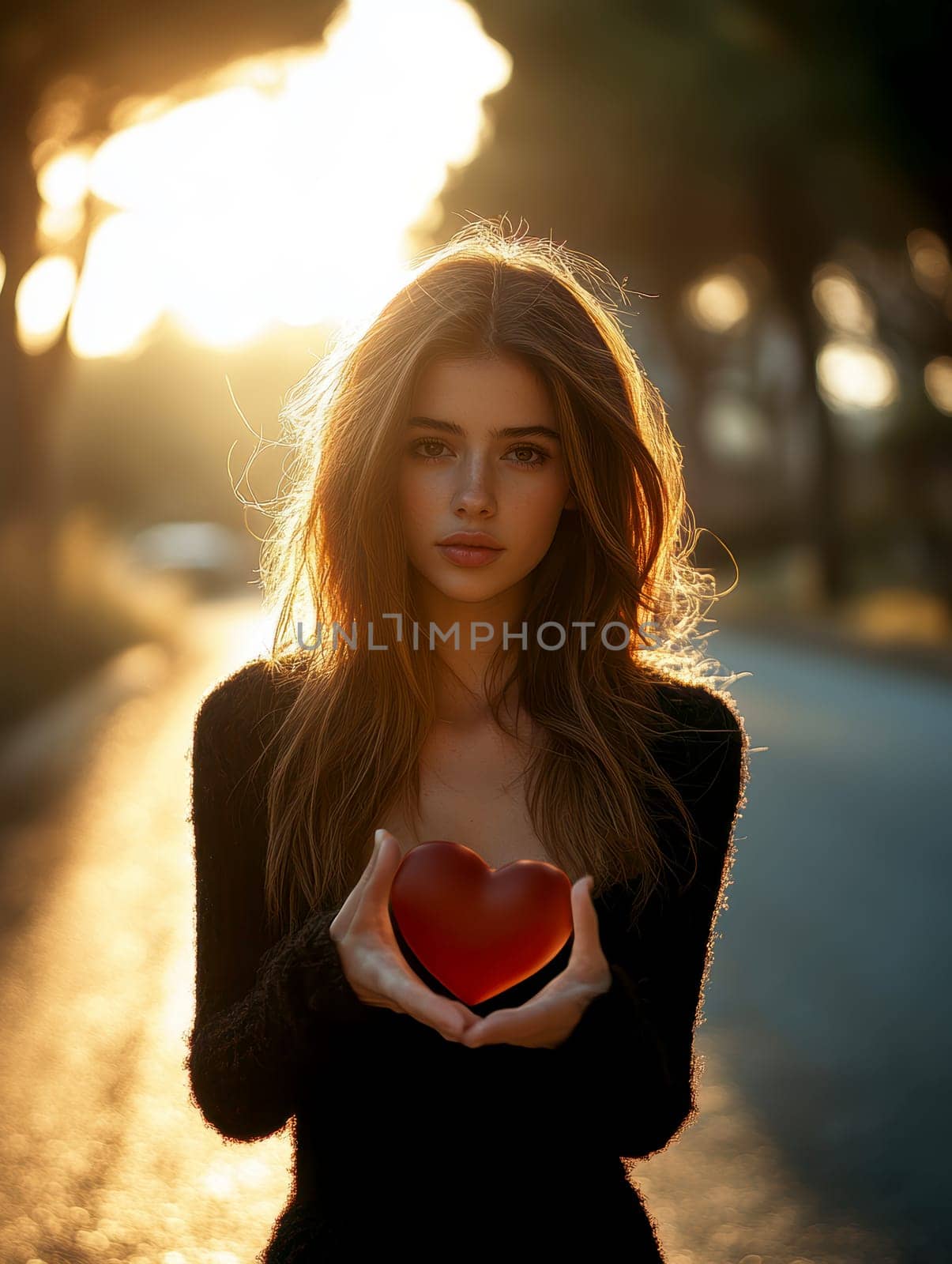 A young woman holding a large red heart in her hands. AI generative.
