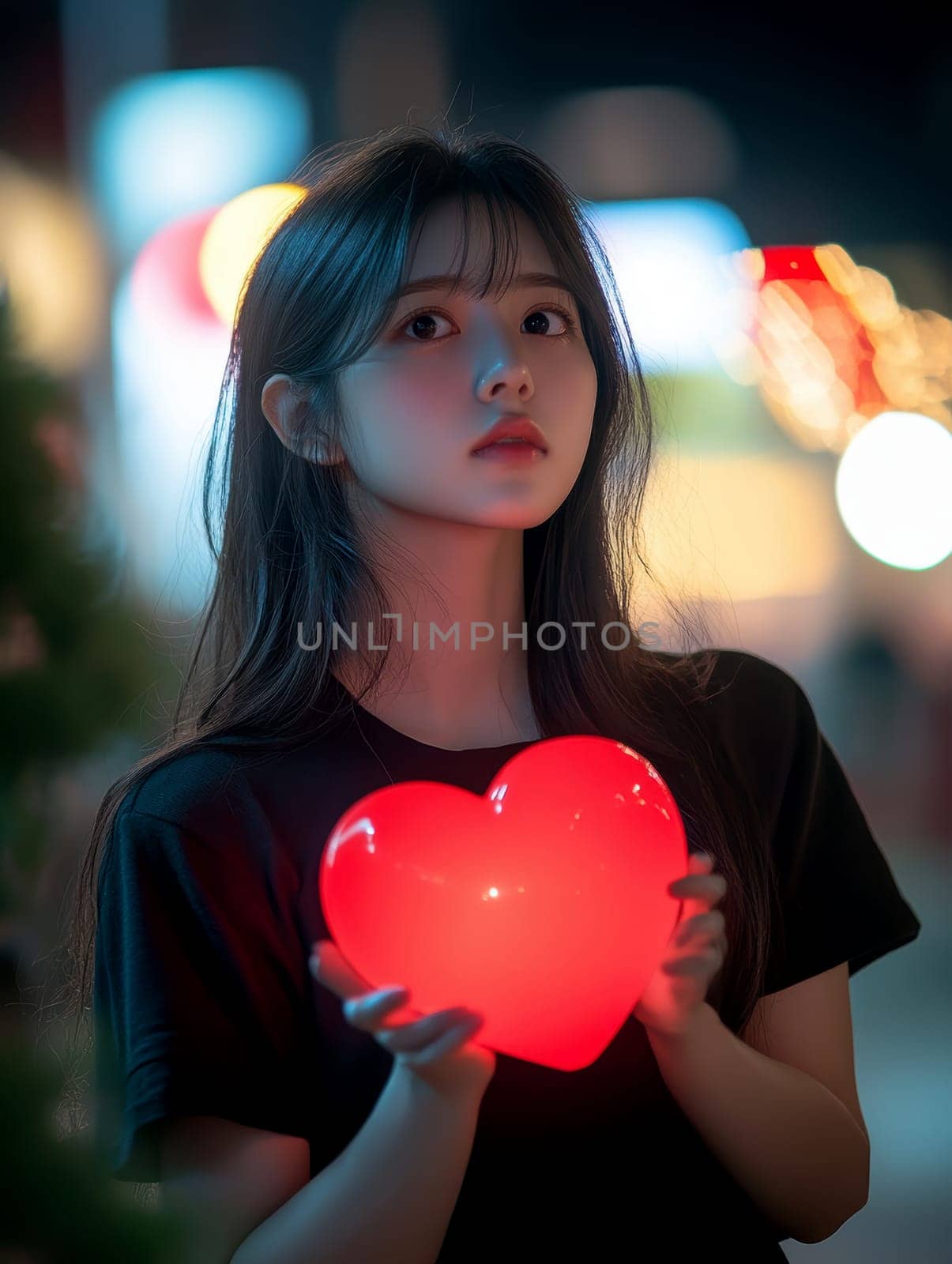 A young woman holding a large red heart in her hands. AI generative.