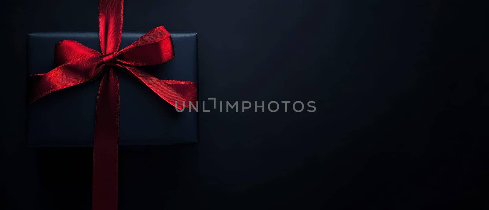 An elegant gift box wrapped in black paper with a striking red ribbon, set against a dark background with space for text.