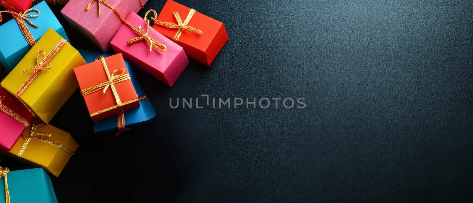Assortment of brightly colored gift boxes with golden ribbons arranged on a dark background, offering copy space for festive designs.