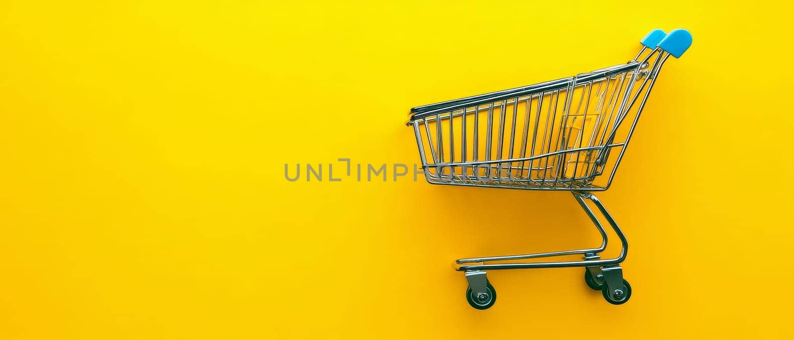 A shopping cart against a bright yellow backdrop, offering ample copy space for retail-themed designs.