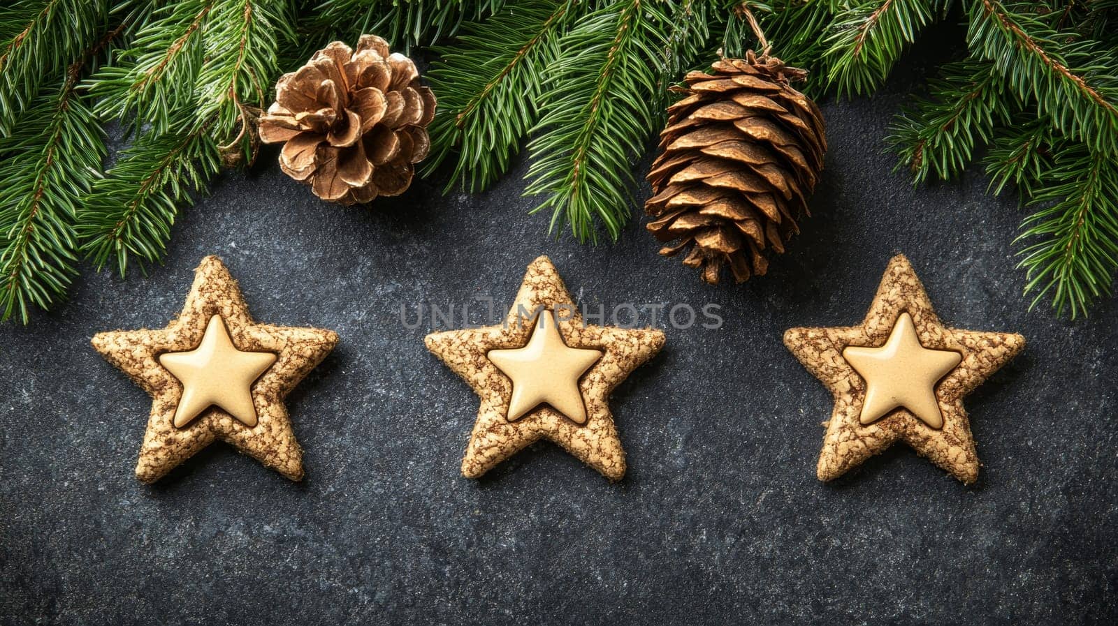 Three golden star-shaped cookies with pine cones and evergreen branches on dark background. Festive holiday baking and decoration concept.