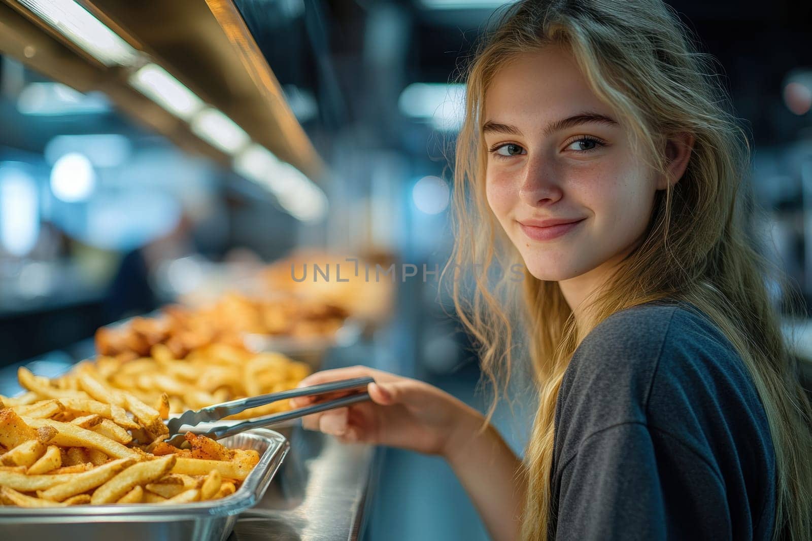 A woman at the diner putting on fries and chicken wings. AI generative.