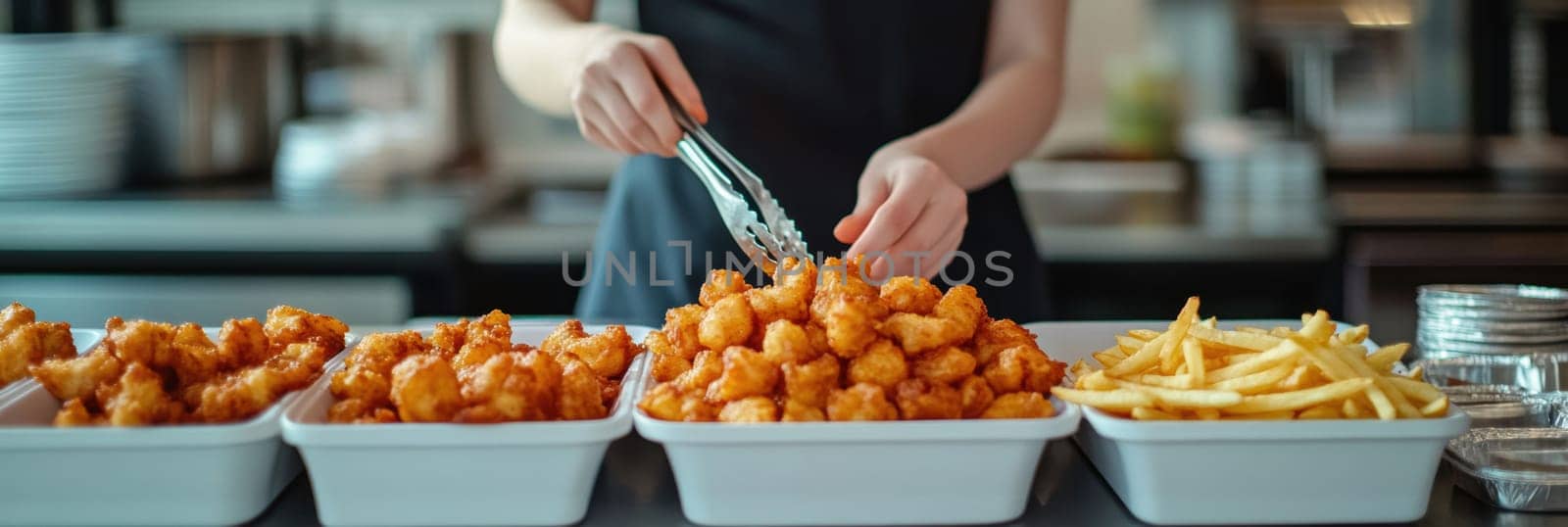 A woman at the diner putting on fries and chicken wings. AI generative.