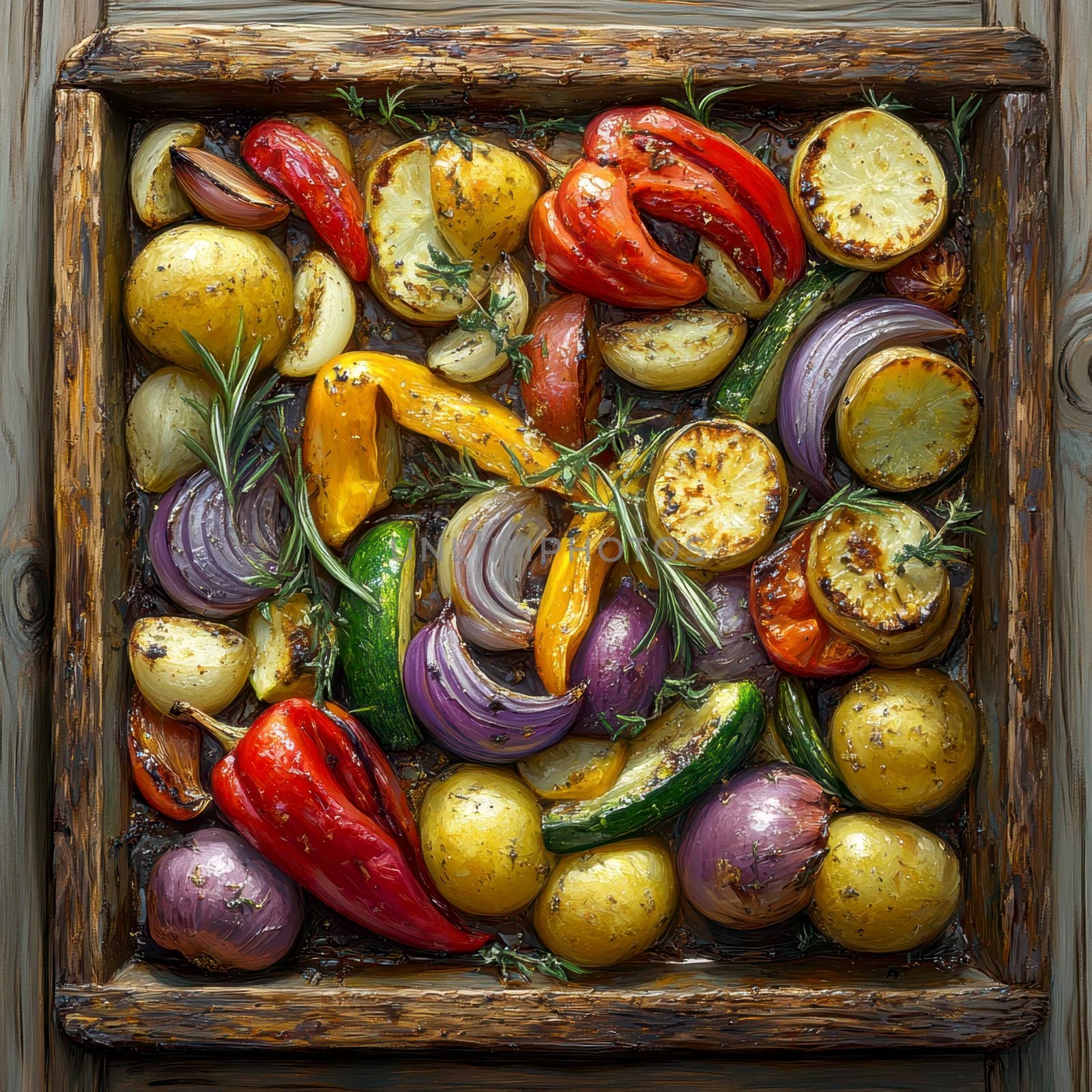 a rustic baking sheet filled with freshly roasted vegetables, including colorful peppers, onions, potatoes, zucchini and whole garlic cloves. Ai generative.