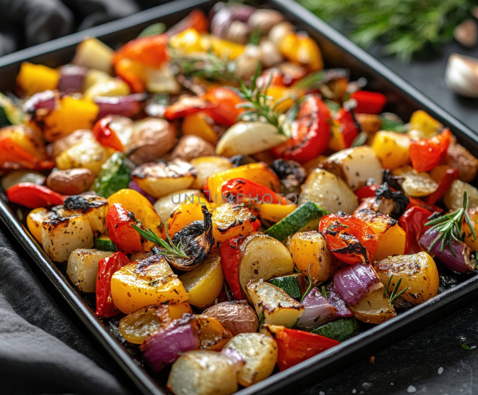 a rustic baking sheet filled with freshly roasted vegetables, including colorful peppers, onions, potatoes, zucchini and whole garlic cloves. Ai generative.
