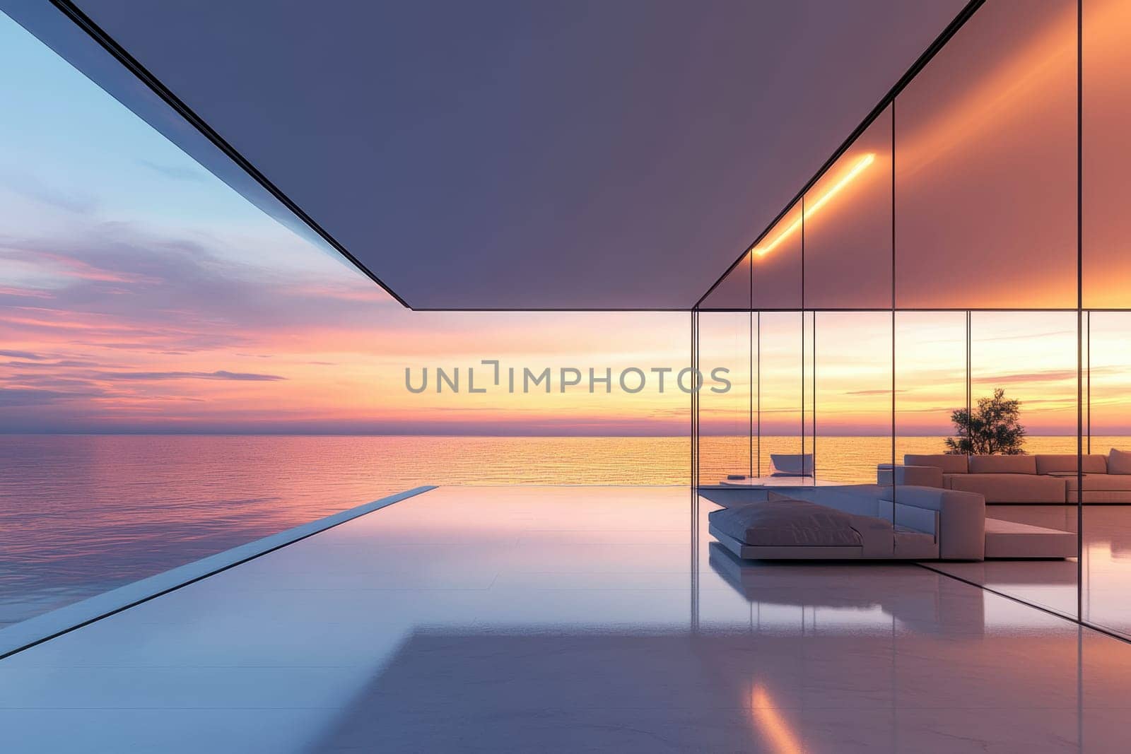 minimalist villa with sea in dawn . AI generative.