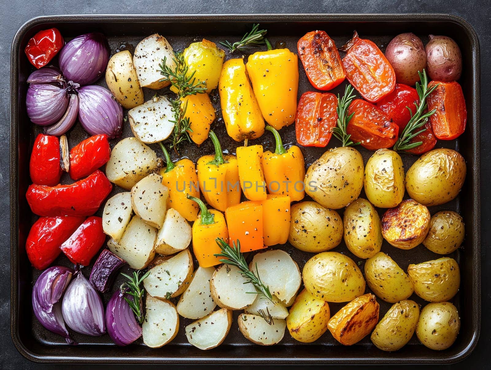 a rustic baking sheet filled with freshly roasted vegetables, including colorful peppers, onions, potatoes, zucchini and whole garlic cloves. Ai generative.