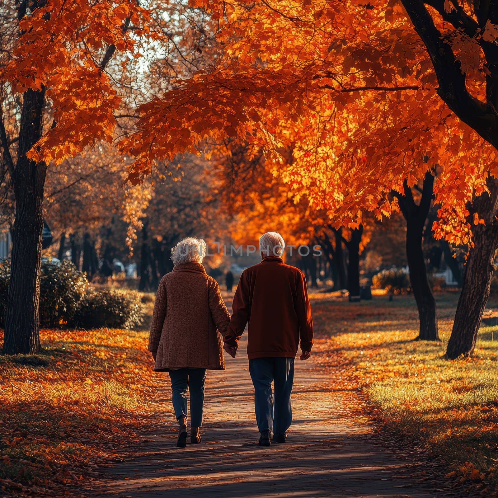 elderly couple is taking a walk in the country lane under the shade of trees. AI generative.