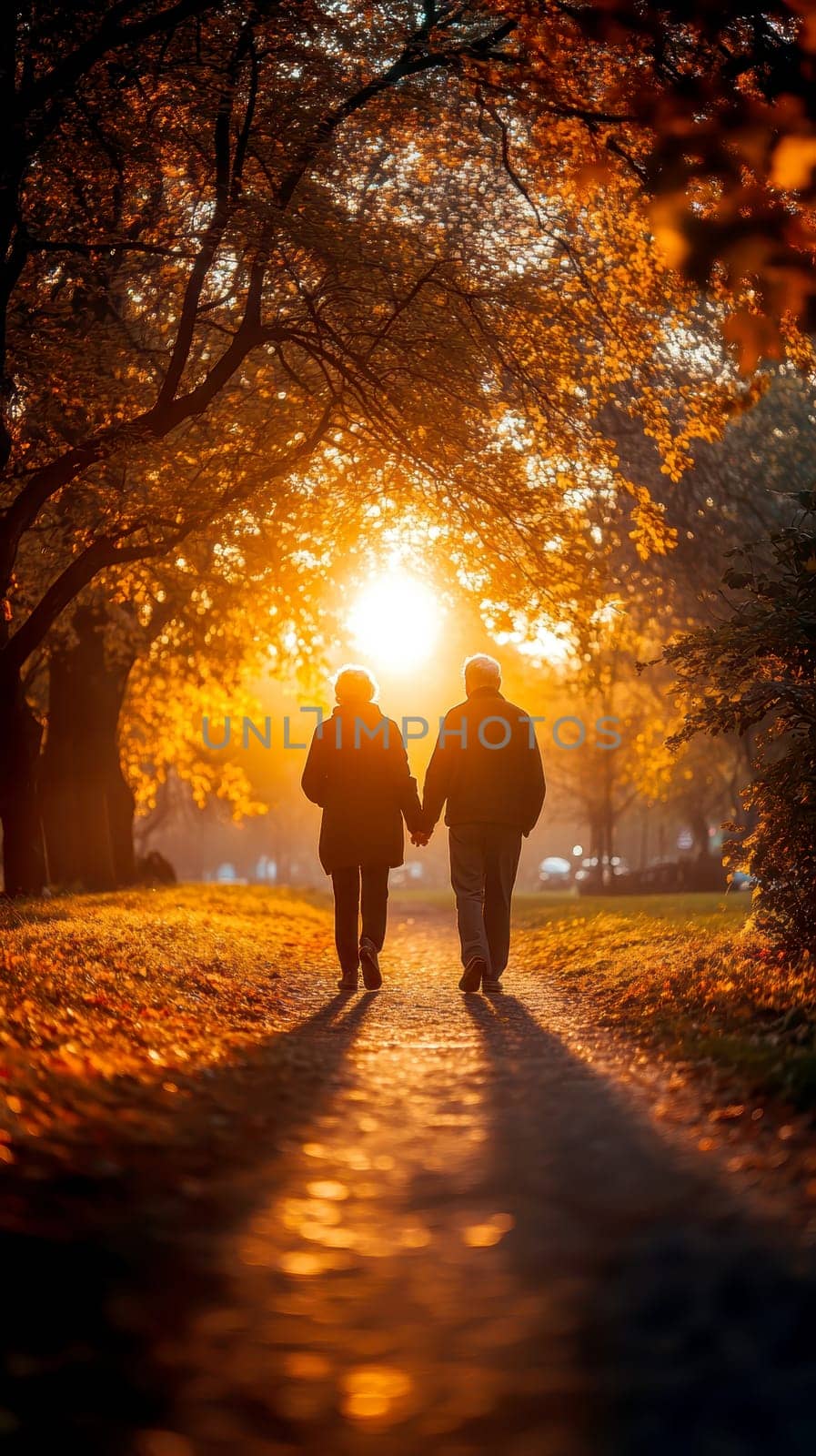 elderly couple is taking a walk in the country lane under the shade of trees. AI generative.