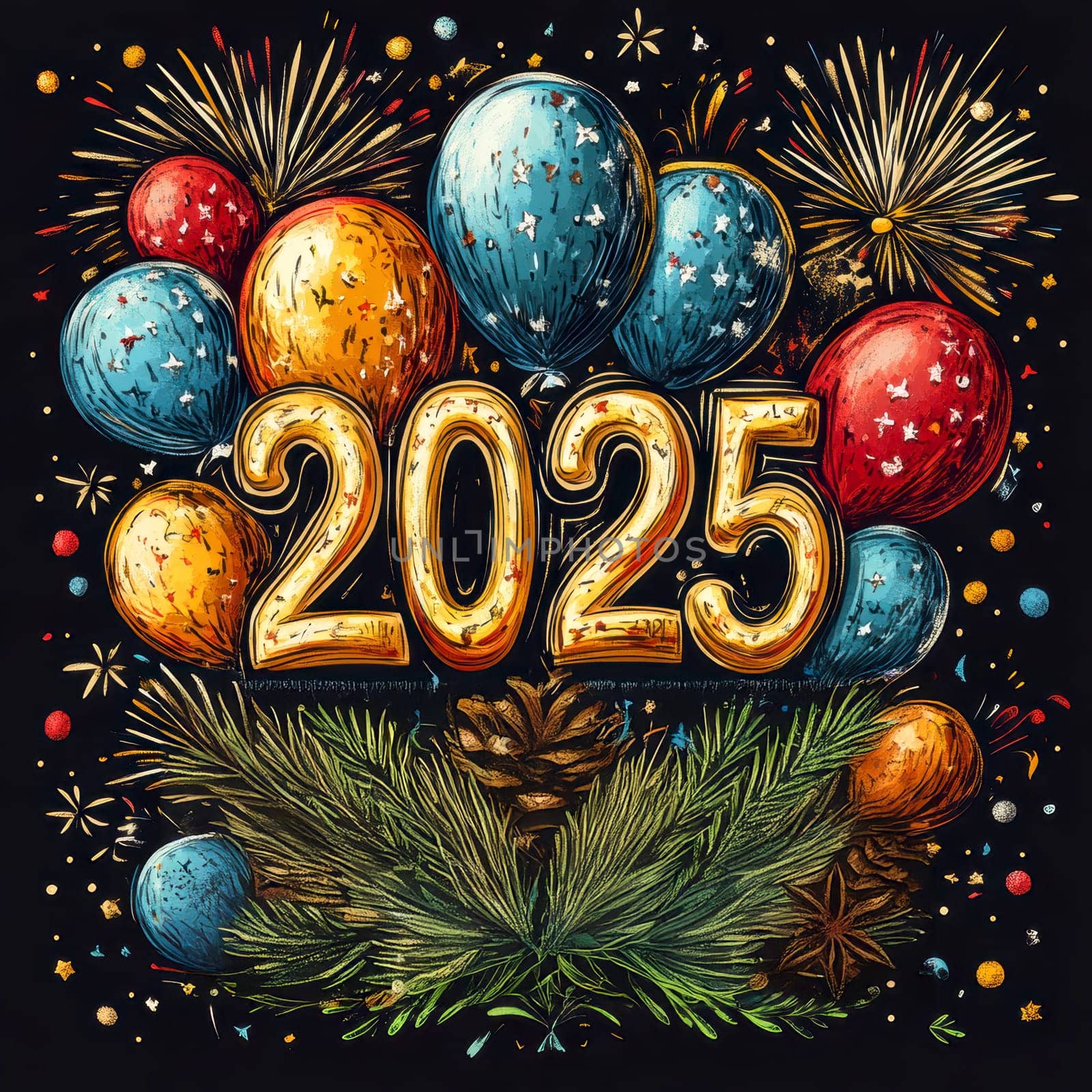 happy, new, year, number " 2025"" ballons, firework. AI generative."