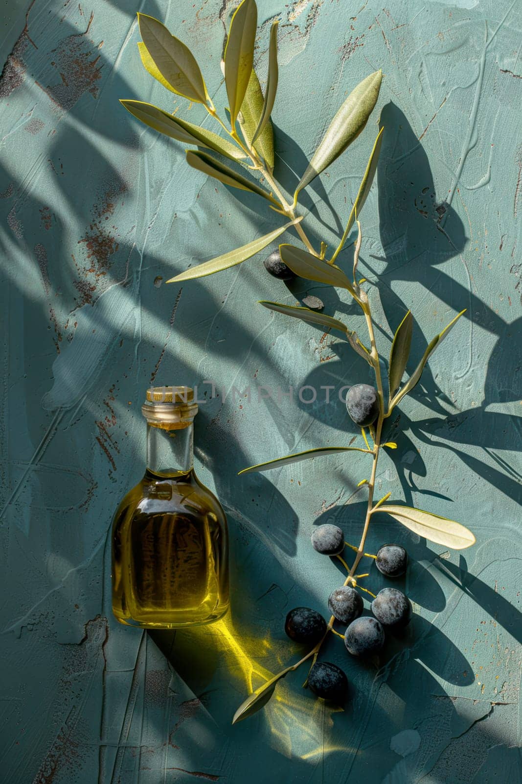 Olive oil, olives and olive branches. AI generative.