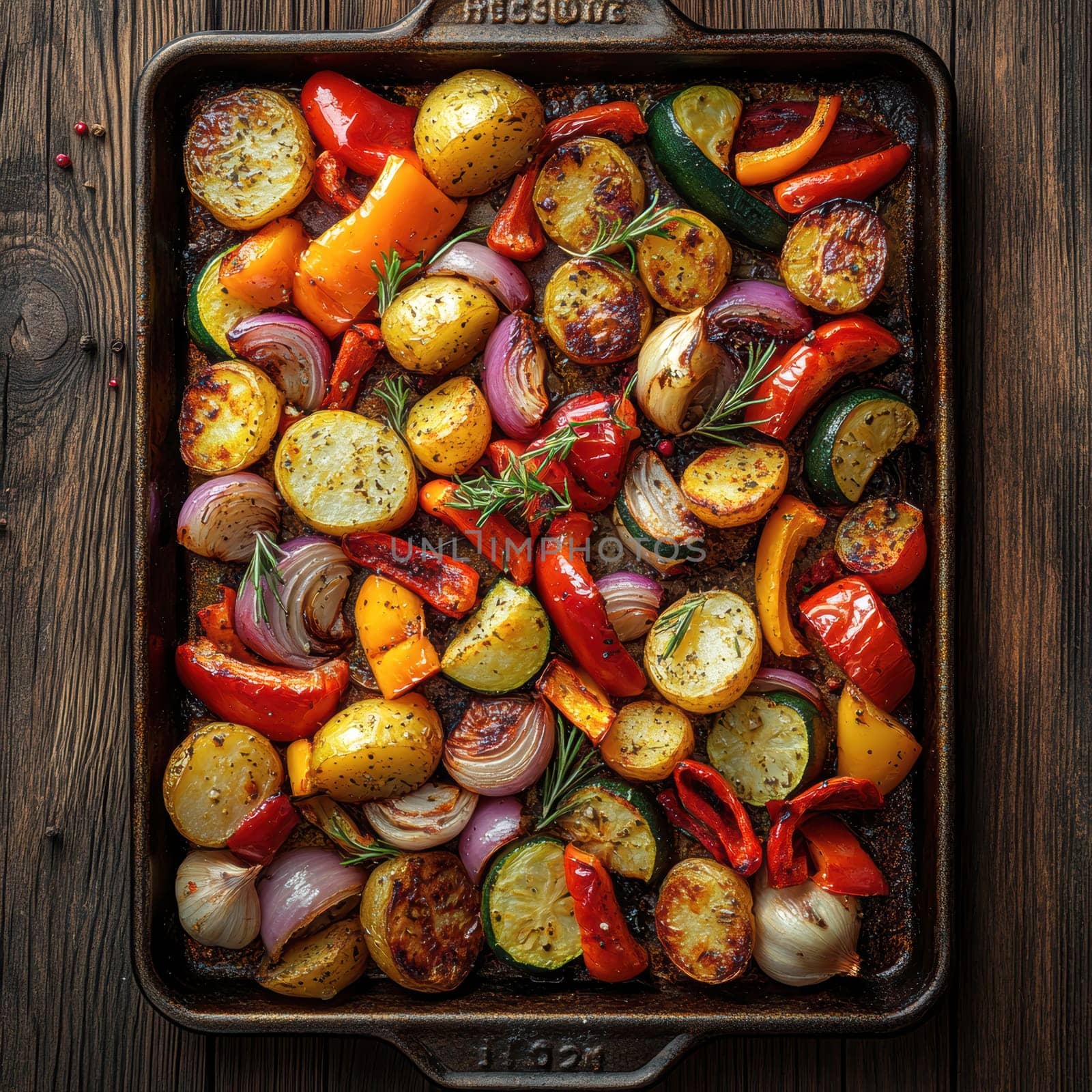a rustic baking sheet filled with freshly roasted vegetables, including colorful peppers, onions, potatoes, zucchini and whole garlic cloves. Ai generative.