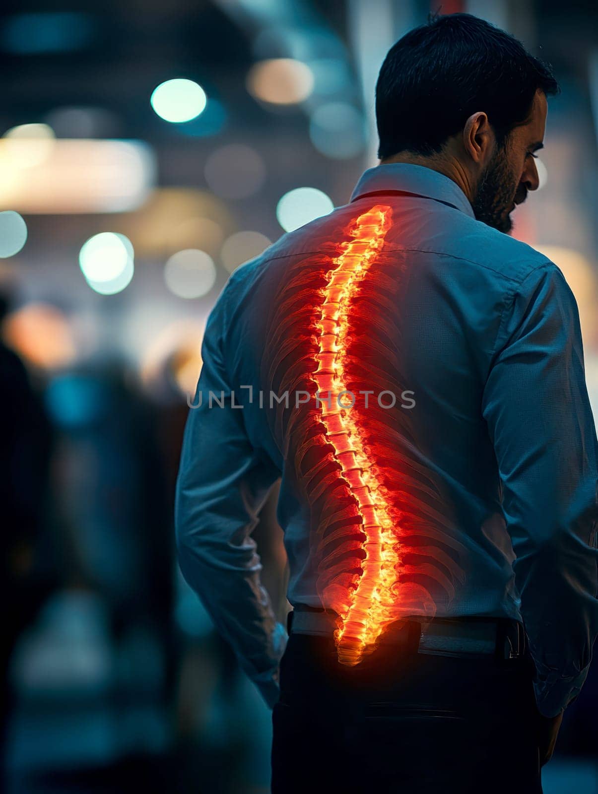man with back pain X-ray, holding red painful spot. AI generative.