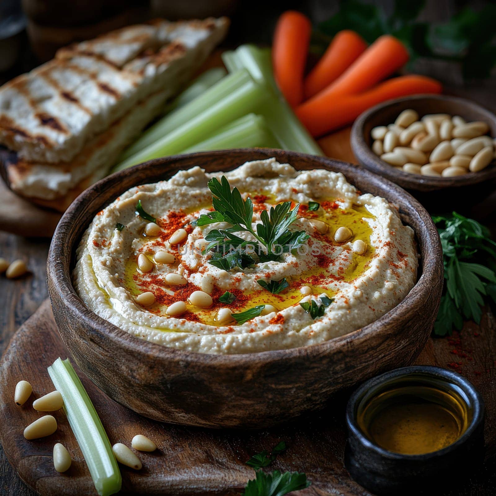 roasted garlic hummus served in bowl topped with paprika, flat parsely and roasted pine . AI generative.