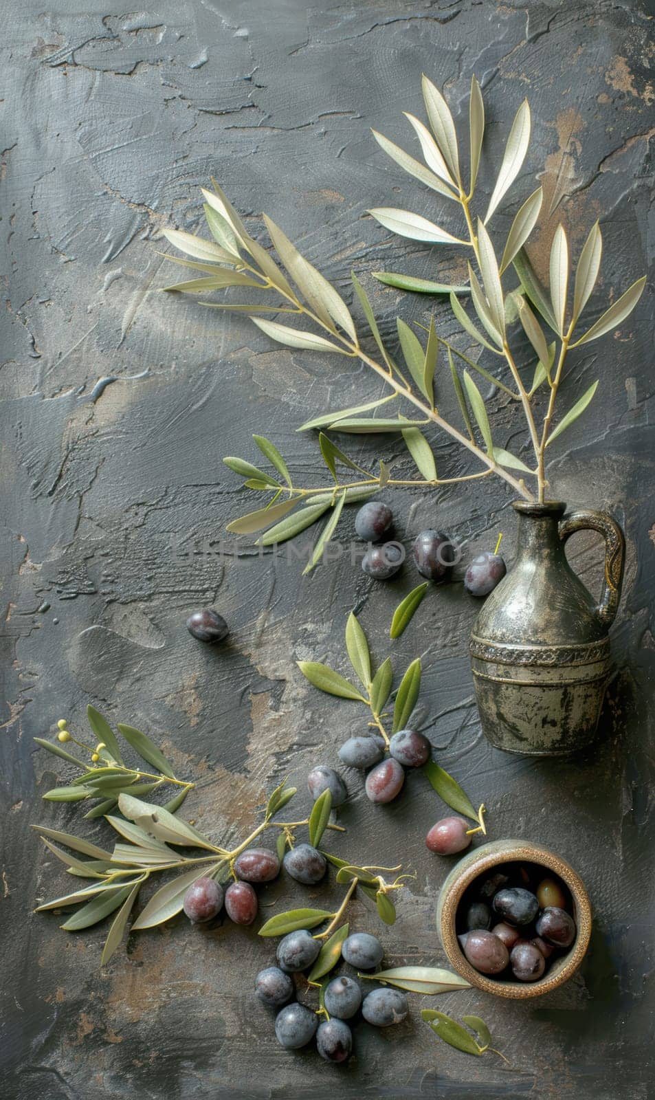 Olive oil, olives and olive branches. AI generative.