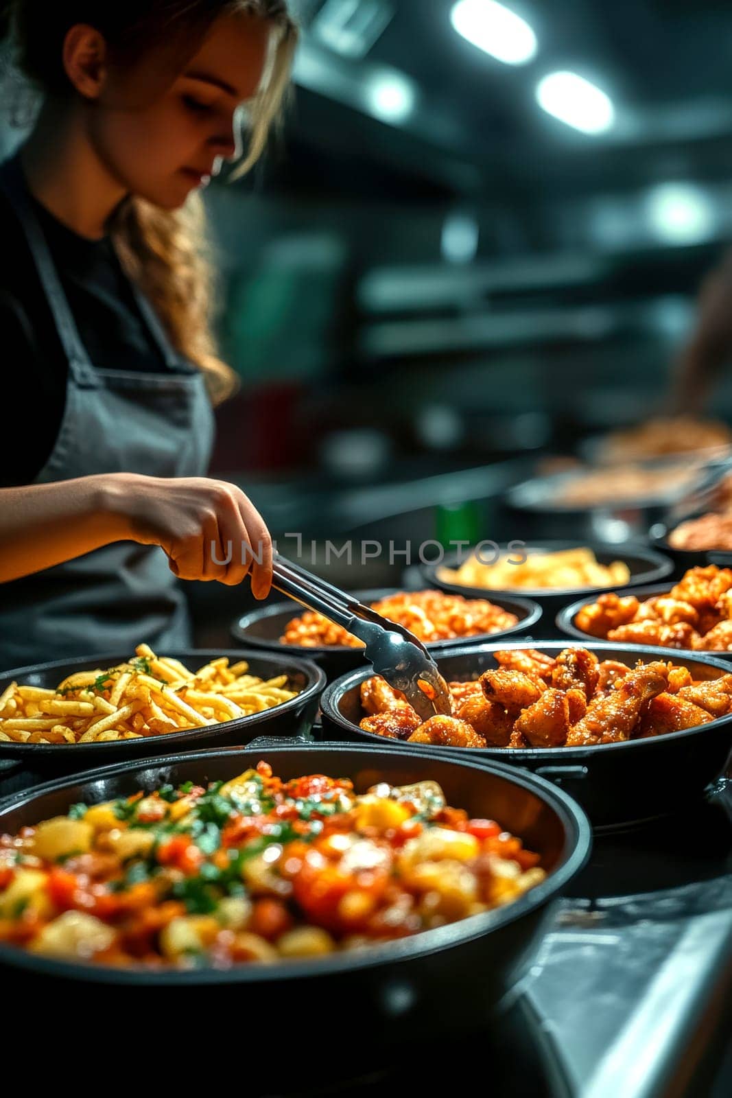 A woman at the diner putting on fries and chicken wings. AI generative.
