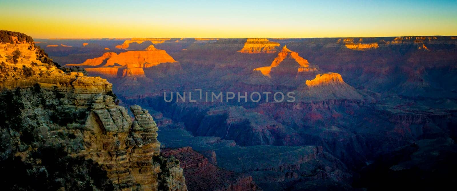 Panorama view over the Grand Canyon during sunset in Arizona, United States