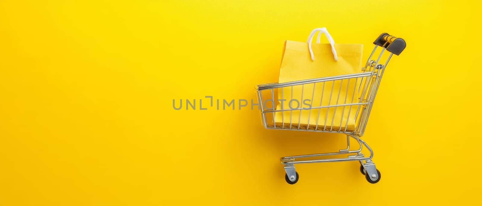 A shopping cart with a yellow bag on a bright yellow background, perfect for retail and sale concepts.