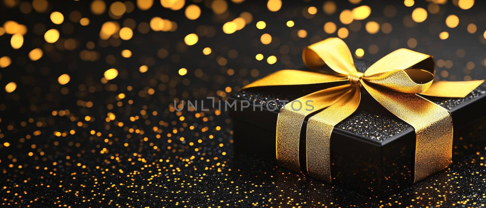 Elegant black gift box with shimmering gold ribbon against a dark background filled with golden bokeh lights, creating a luxurious and festive atmosphere.