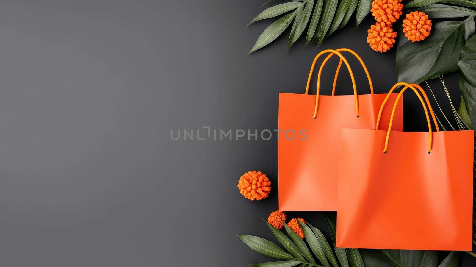 Two vibrant orange shopping bags surrounded by green leaves and flowers, offering a festive touch with copy space.