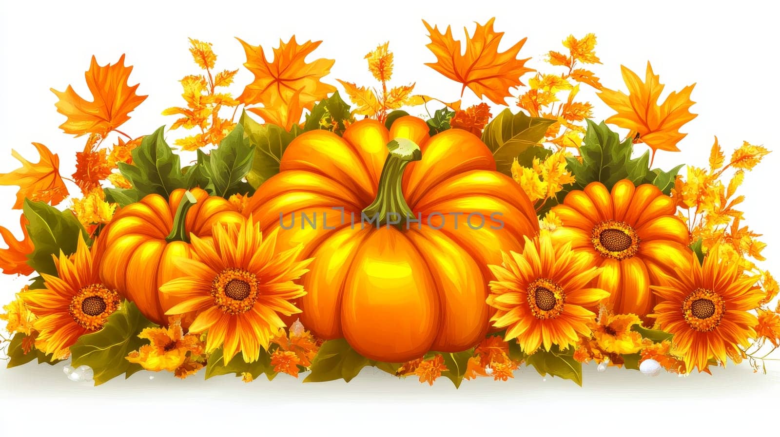 Lush arrangement of golden pumpkins, vibrant sunflowers, and colorful autumn leaves, creating a festive fall display against a white background.