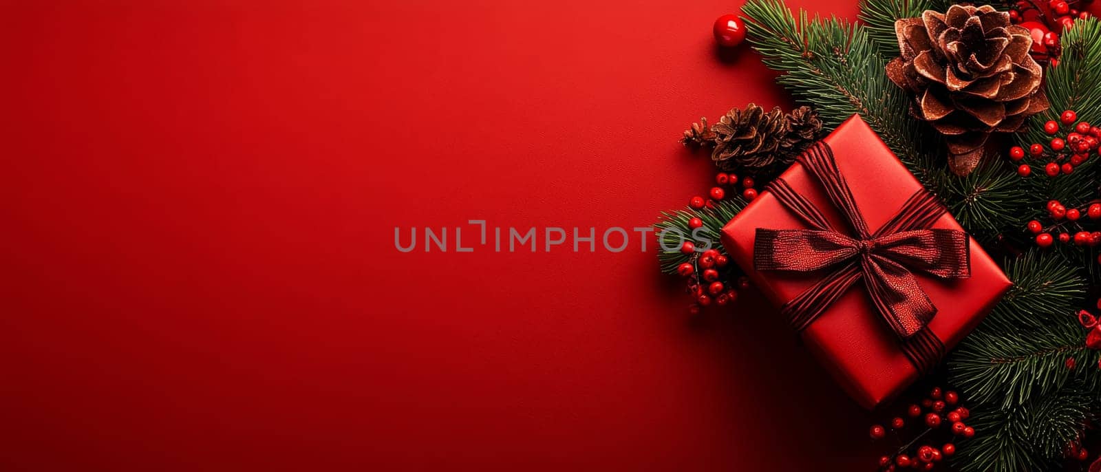 Festive Christmas gift box adorned with pinecones and berries on a red background, featuring copy space for seasonal messages.