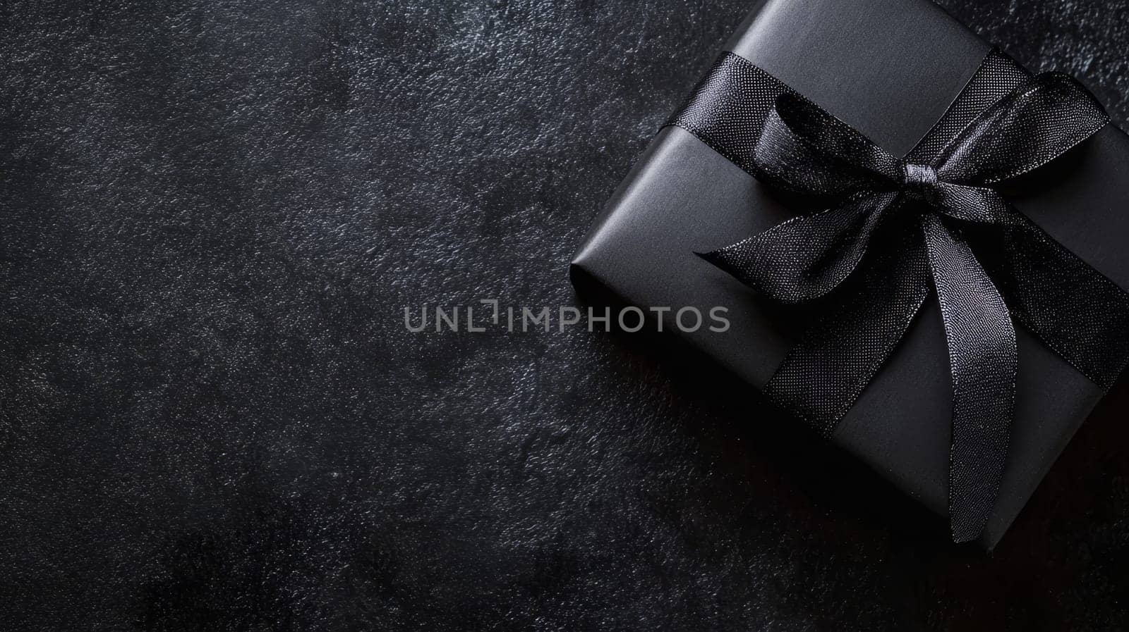 Elegant black gift box with satin ribbon bow on dark textured background, perfect for luxury or special occasion presents with copy space.