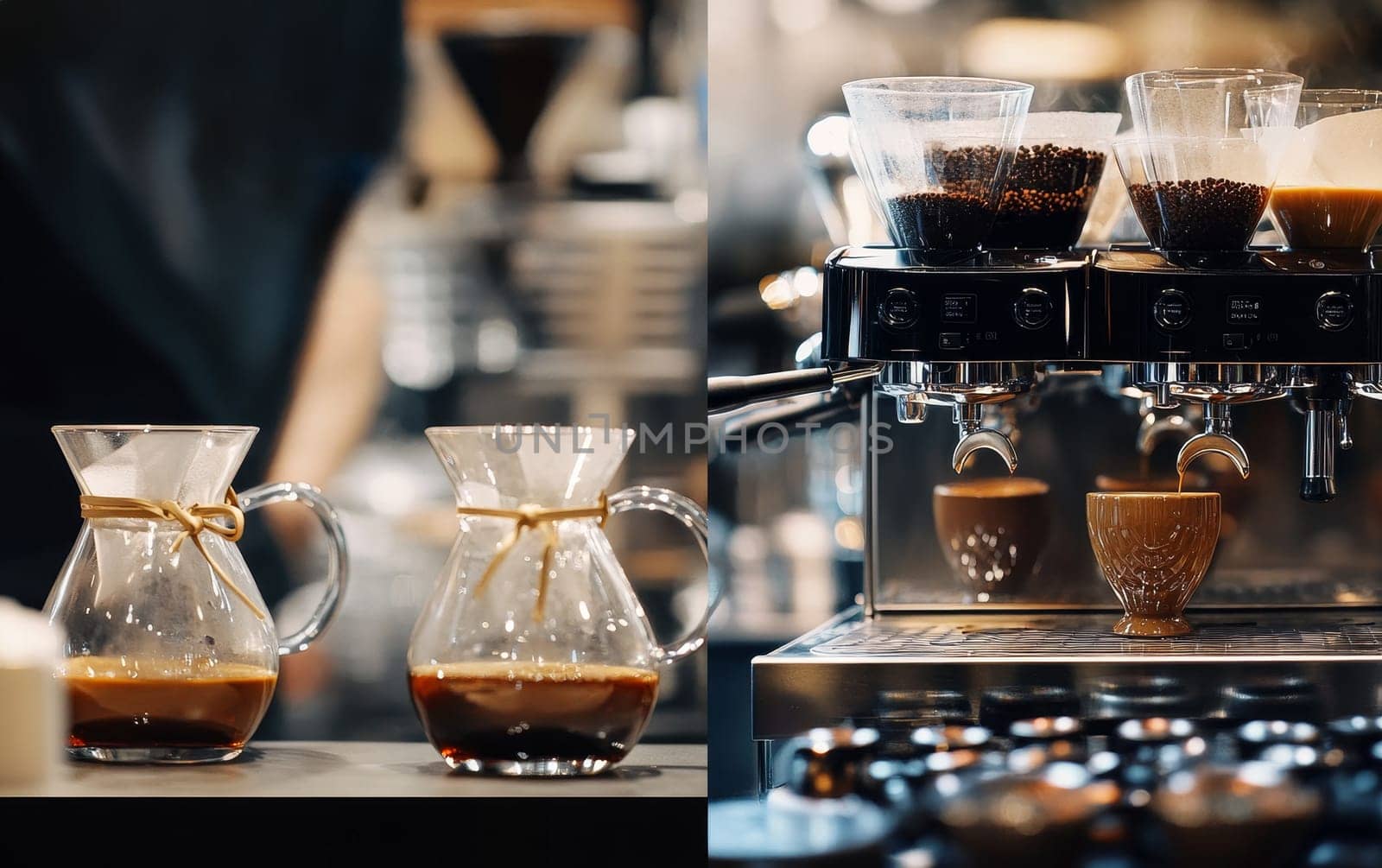 Close-up of coffee grinders and espresso machine with coffee beans, showcasing artisanal coffee preparation process in modern cafe setting.