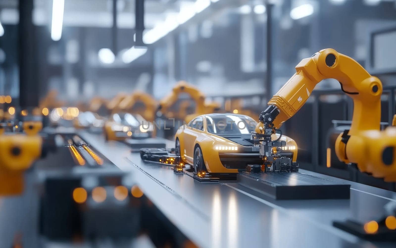 Futuristic car manufacturing plant with yellow robotic arms working on electric vehicles on assembly line, showcasing automated industry and technology.