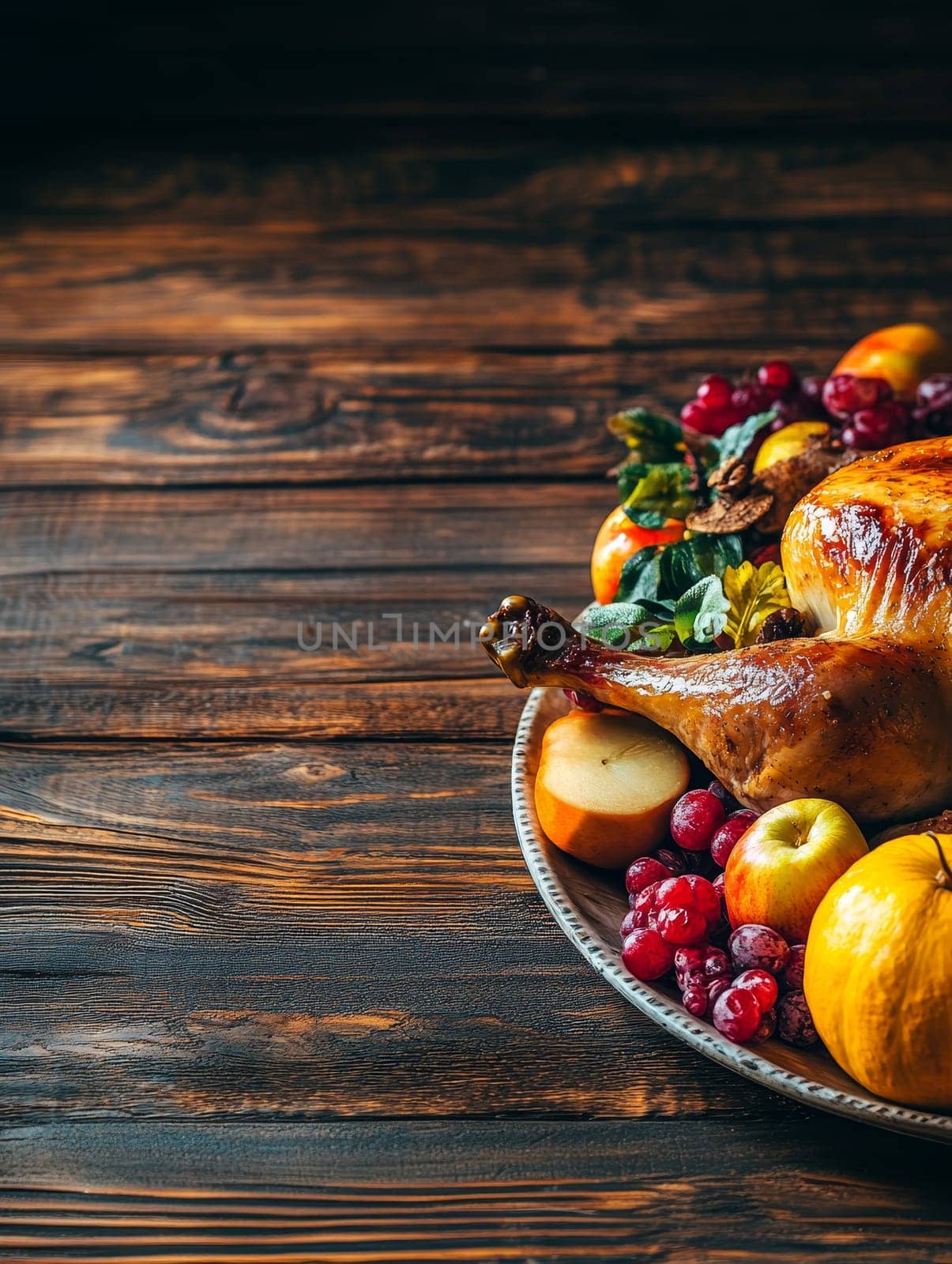 A roasted turkey on a wooden table garnished with fruits, embodying a classic Thanksgiving dinner setting.