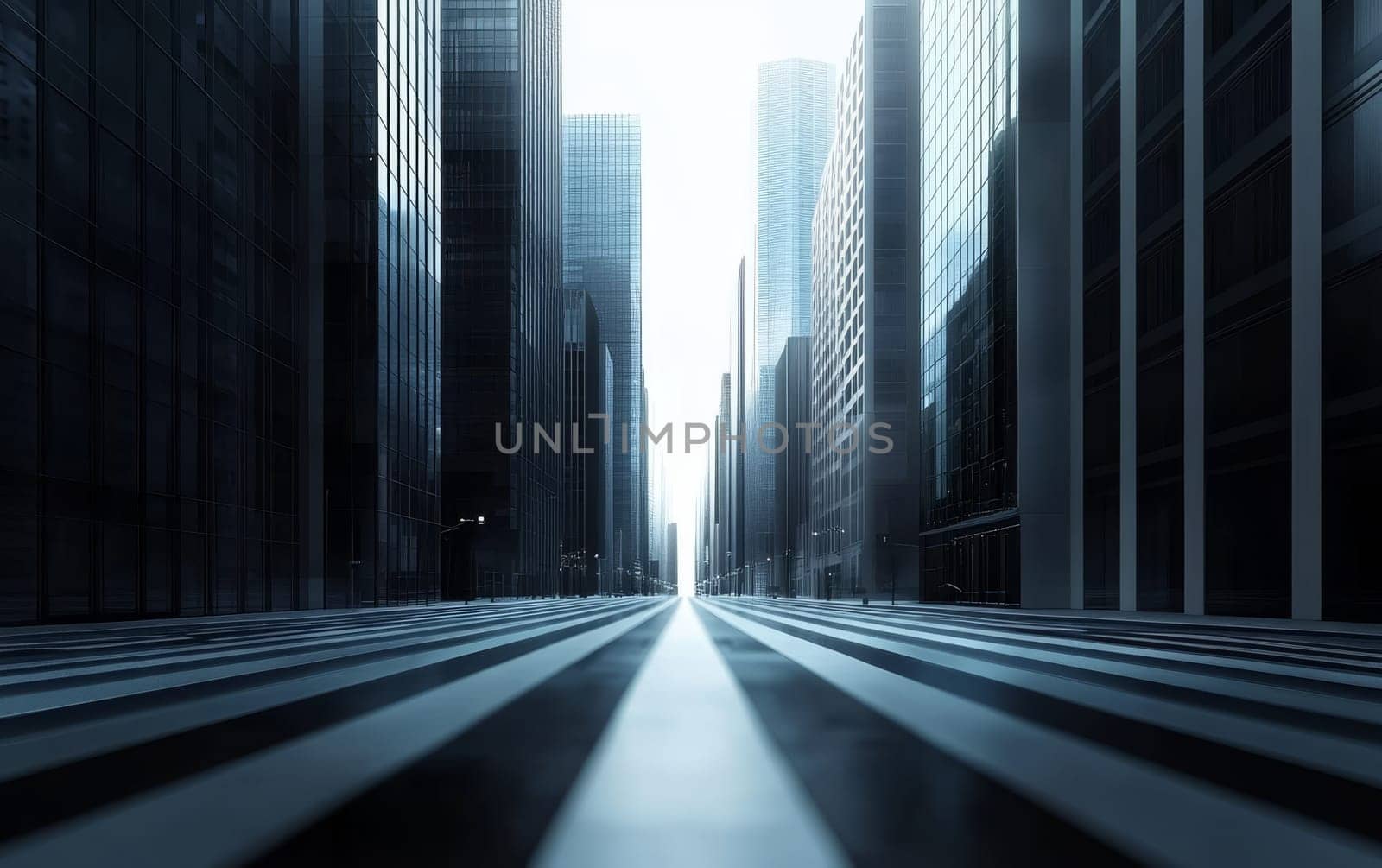 Striking minimalist cityscape with towering glass skyscrapers, creating a geometric urban landscape bathed in soft light.