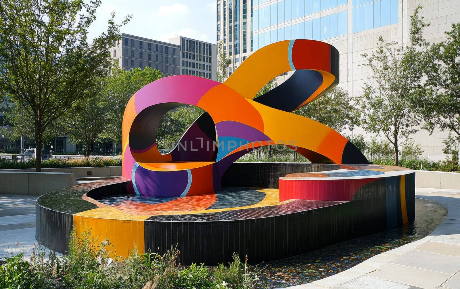 Colorful abstract sculpture with curved shapes in a city square, surrounded by office buildings and trees, representing urban art and architectural design.