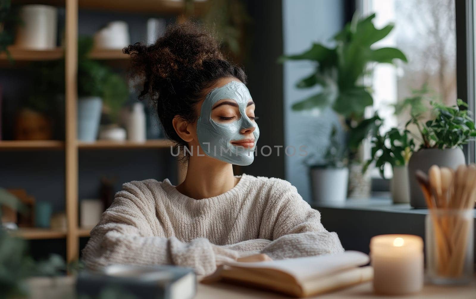 Young woman with curly hair applying clay face mask, relaxing at home surrounded by plants and candles, embodying wellness and skincare routine.
