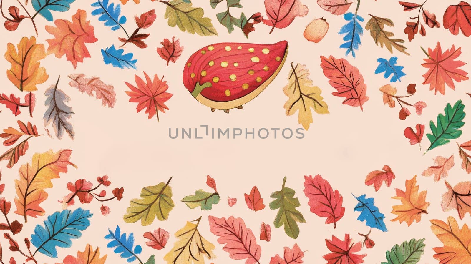 Colorful hand-drawn autumn leaves frame with a cute red mushroom, creating a whimsical border around empty beige space for text or design elements.