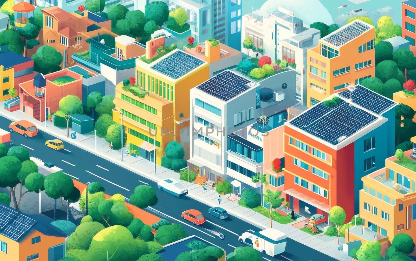 Colorful isometric illustration of a modern eco-friendly city with solar panels, green roofs, trees, and electric cars, showcasing urban sustainability and smart technology.