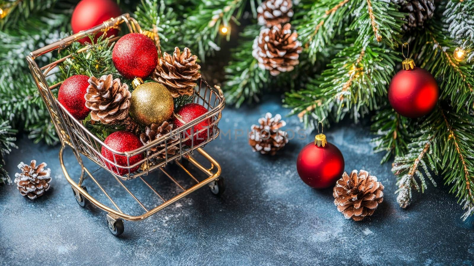 A miniature shopping cart filled with Christmas ornaments and pinecones on a festive background, evoking holiday cheer.