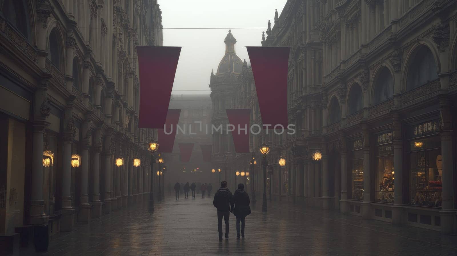 A misty street in the city at dusk, with historic architecture and ambient lighting creating a mysterious atmosphere.