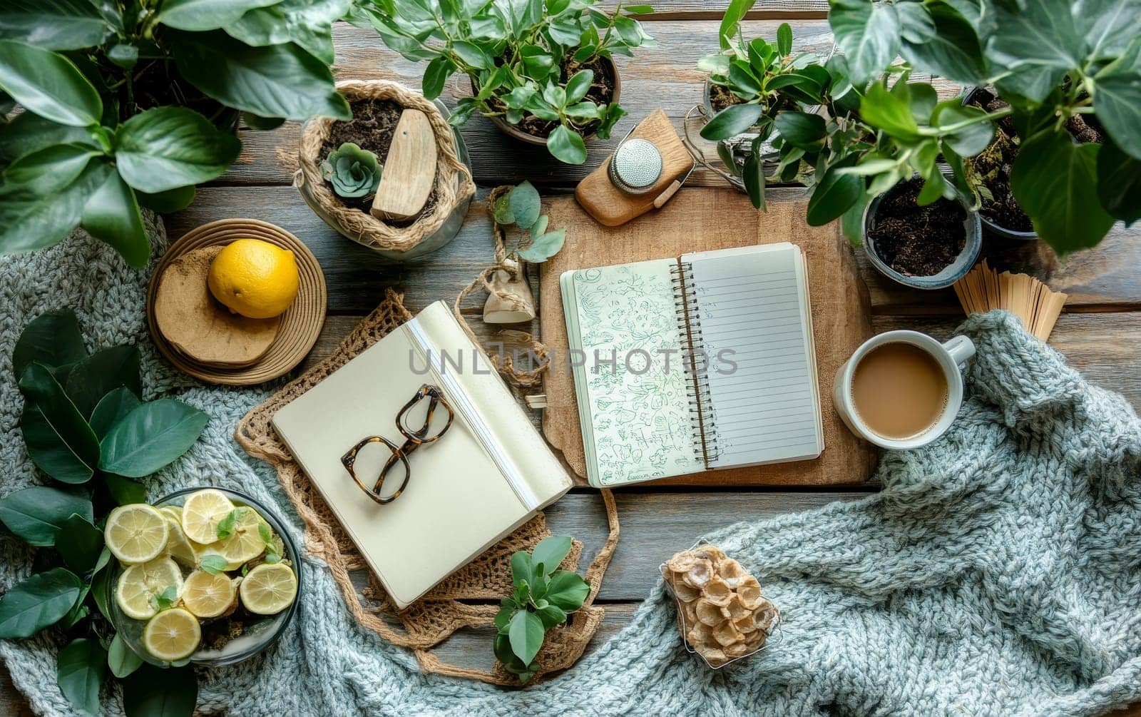 Stylish workspace with notebook, coffee, glasses, and potted plants on wooden table, surrounded by cozy knit blanket and lemon slices, embodying hygge lifestyle.