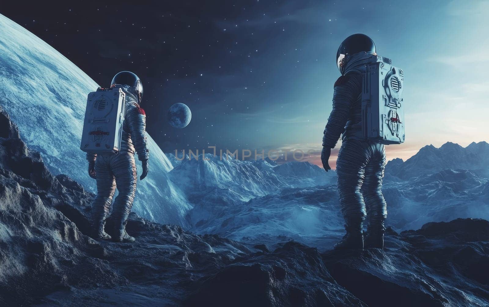 Two astronauts in spacesuits standing on a rocky alien terrain with Earth and moon visible in the starry sky, depicting futuristic space exploration.