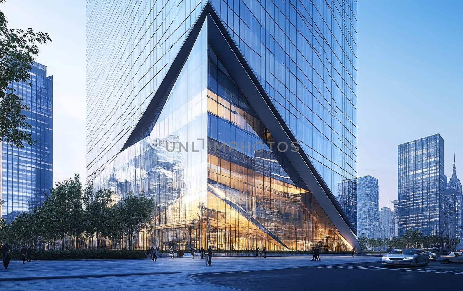 Innovative skyscraper design featuring a striking triangular glass atrium, illuminated at dusk, set against a backdrop of modern city architecture.
