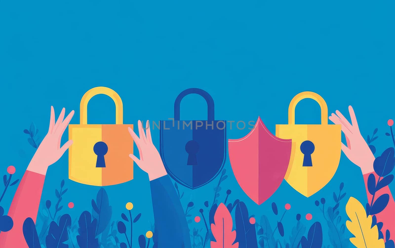 Abstract illustration of padlocks, shields, and hands representing data security, online privacy protection, and cyber safety in vibrant colors on blue background.