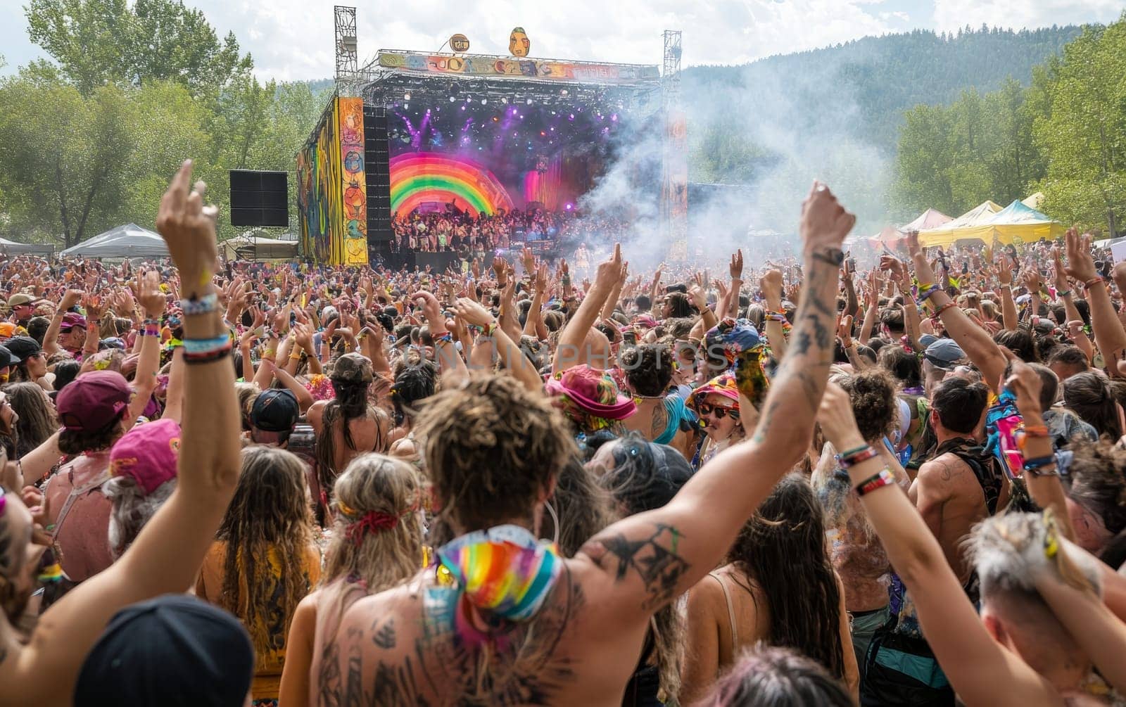 Enthusiastic crowd with raised arms at a lively outdoor music festival, featuring a colorful stage with rainbow decorations, smoke effects, and nature backdrop.
