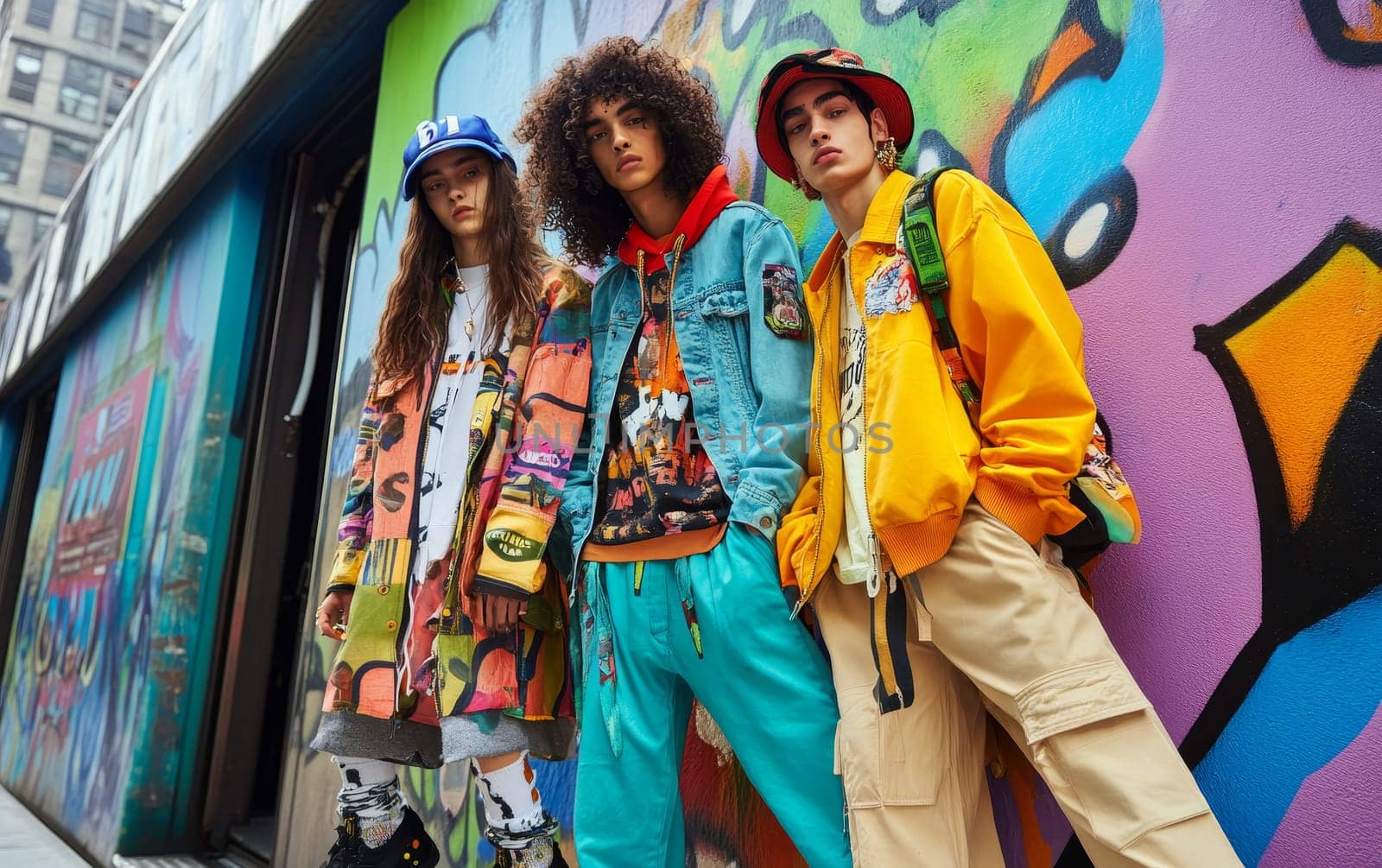 Three diverse young models in vibrant, eclectic streetwear posing against colorful graffiti wall, showcasing urban fashion trends and youth culture.