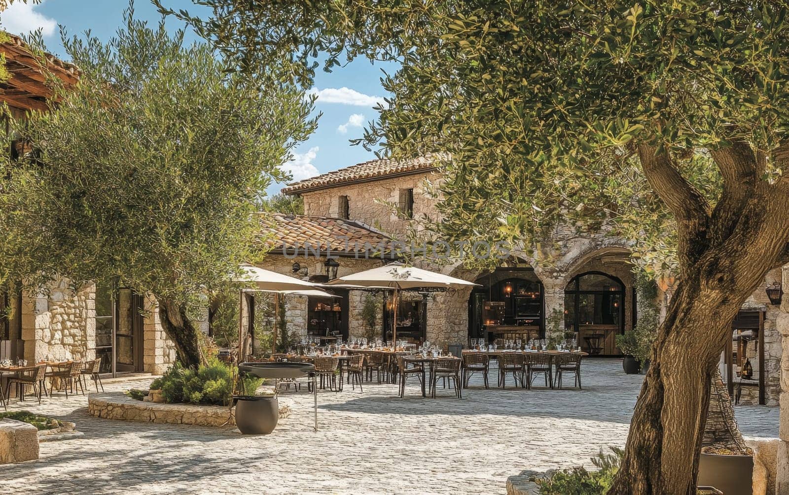 Charming outdoor dining area of a stone-built Mediterranean restaurant, surrounded by ancient olive trees, featuring tables set for alfresco meals under warm sunlight.