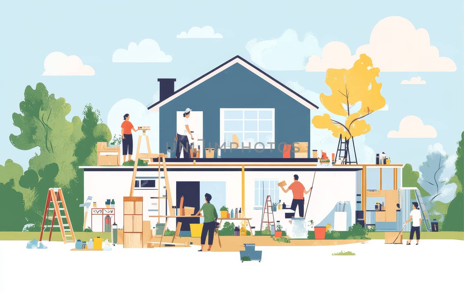 Colorful illustration of people renovating a two-story house, painting, repairing, and landscaping, depicting DIY home improvement and teamwork.