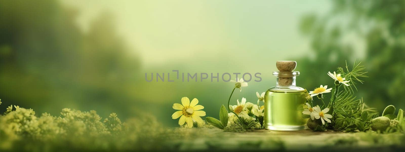 Natural skincare cosmetics bottles products with green plant banner background with copy space. Beauty and skin care herbal organic product deep hydration or soothing. AI Generative content