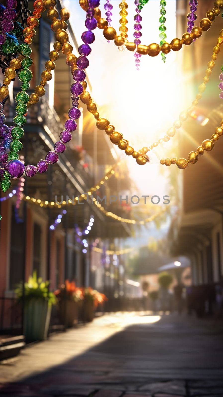 Confetti and Mardi Gras carnival decorations city street festival background. AI Generated content